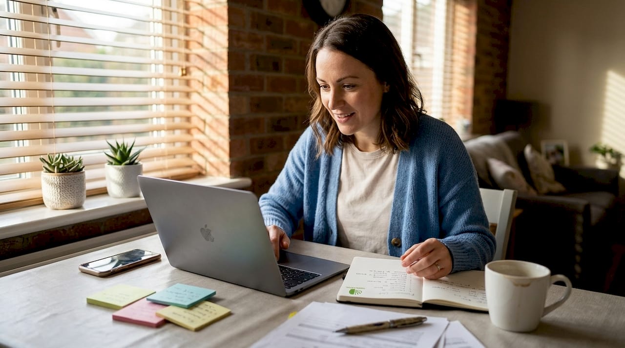 Sales professional prospecting at home office table