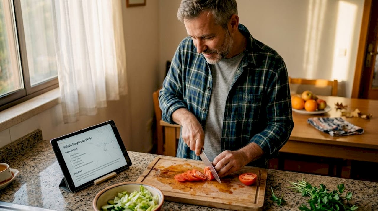 Homem cozinha uma refeição saudável numa cozinha simples