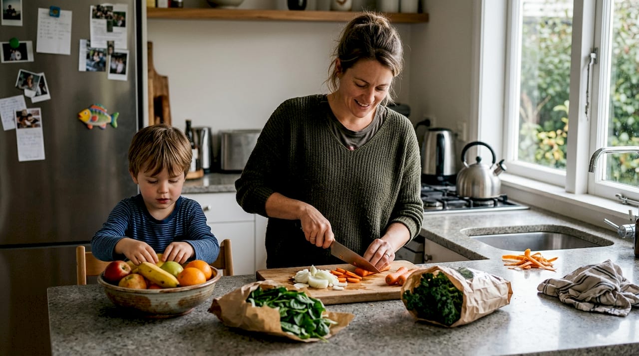 Em família, cozinham juntos uma refeição saudável