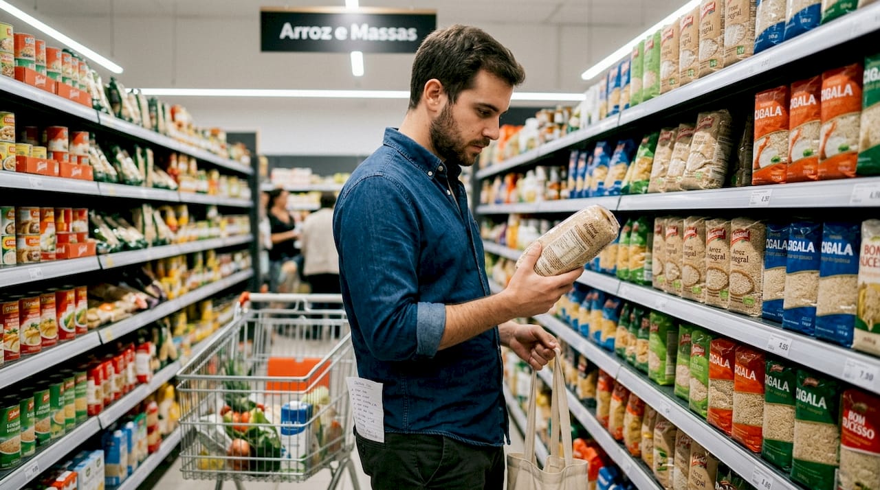 Jovem analisa o rótulo de um produto alimentar saudável