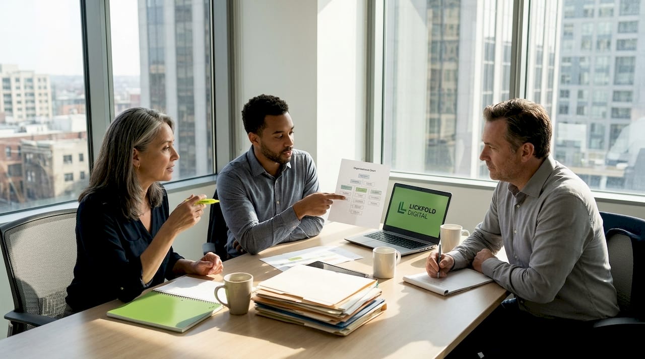 Decision-makers discuss organization chart in office