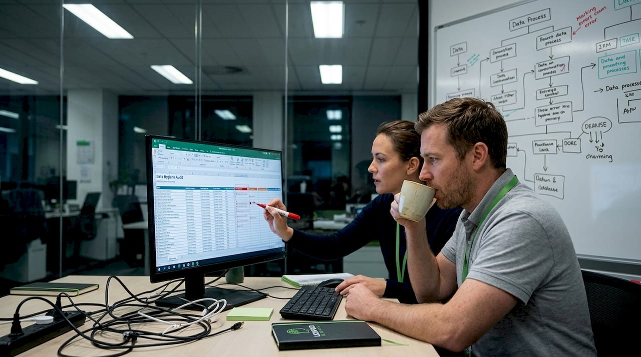 Team auditing CRM data together in office