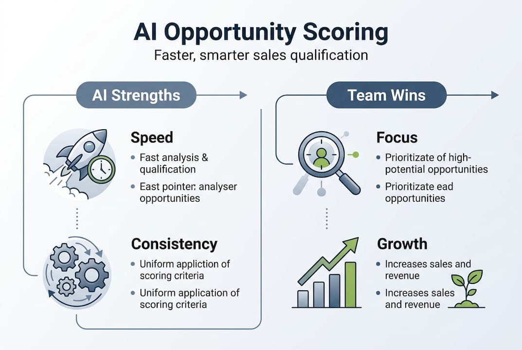 Infographic of AI sales scoring strengths and benefits