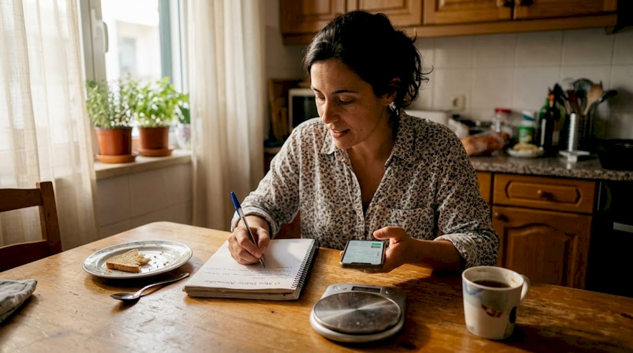 Mulher sentada à mesa da cozinha a registar as refeições no seu diário
