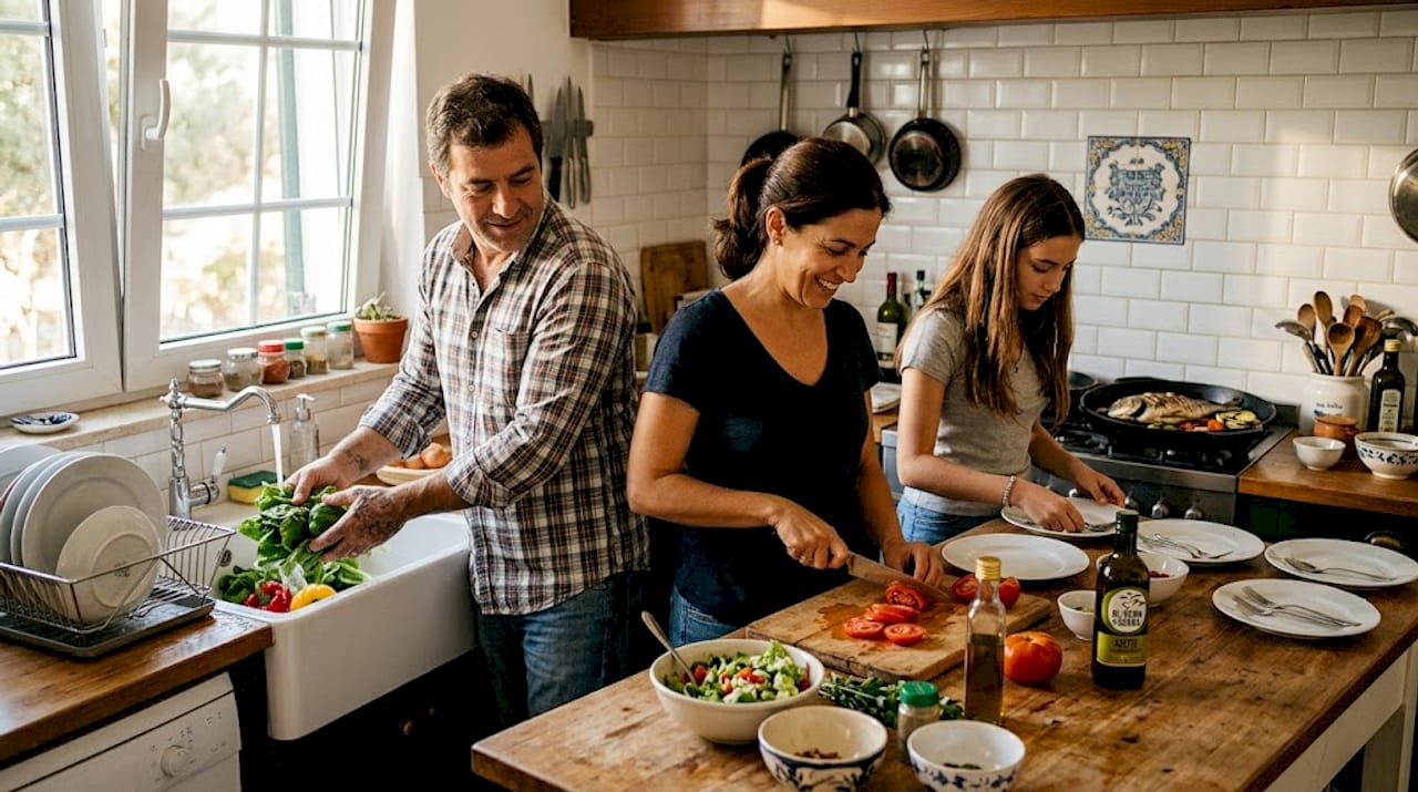 Família a cozinhar uma refeição saudável junta na cozinha de casa