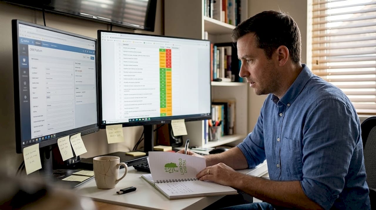 Home office desk with lead criteria on screens