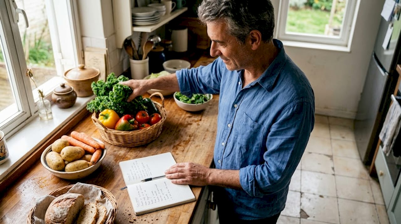 Um homem a cortar e a preparar os legumes na cozinha
