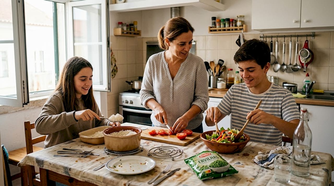 Família a cozinhar uma refeição saudável em conjunto