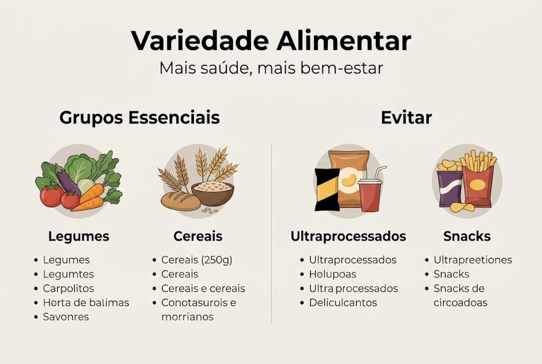 Infografia sobre a diversidade alimentar e os principais grupos de alimentos
