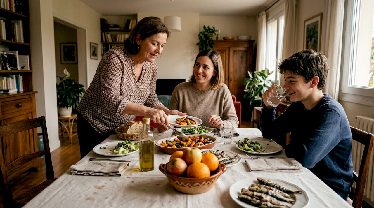 Família reúne-se à mesa para desfrutar de uma refeição mediterrânica simples