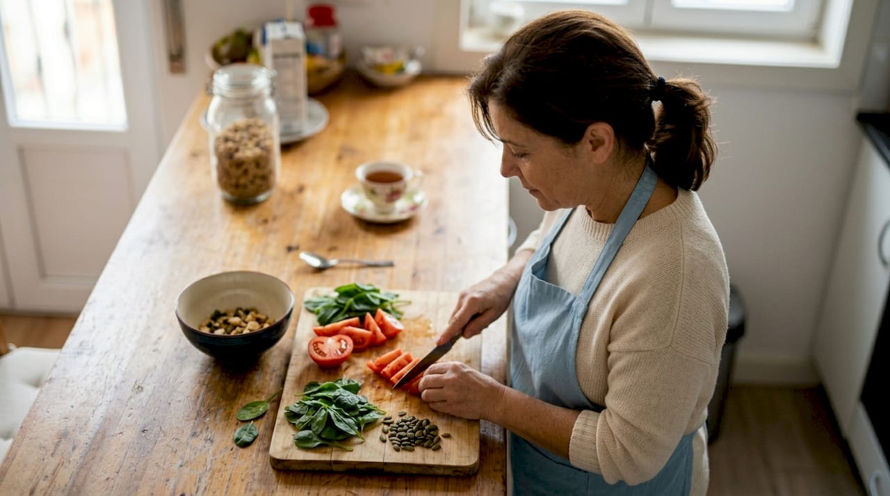 Uma mulher está a cortar legumes na cozinha enquanto prepara a refeição.
