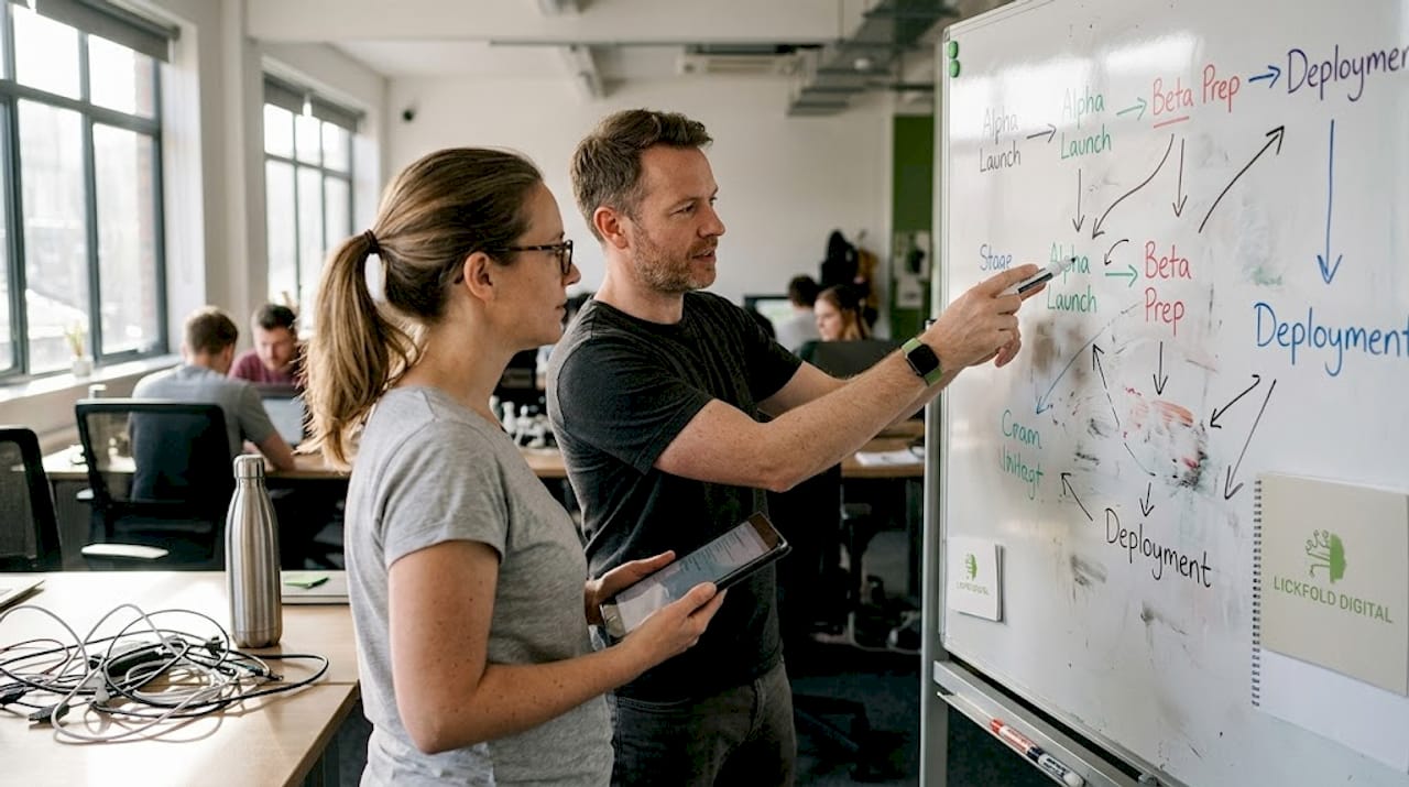 Colleagues discussing sales strategy at whiteboard