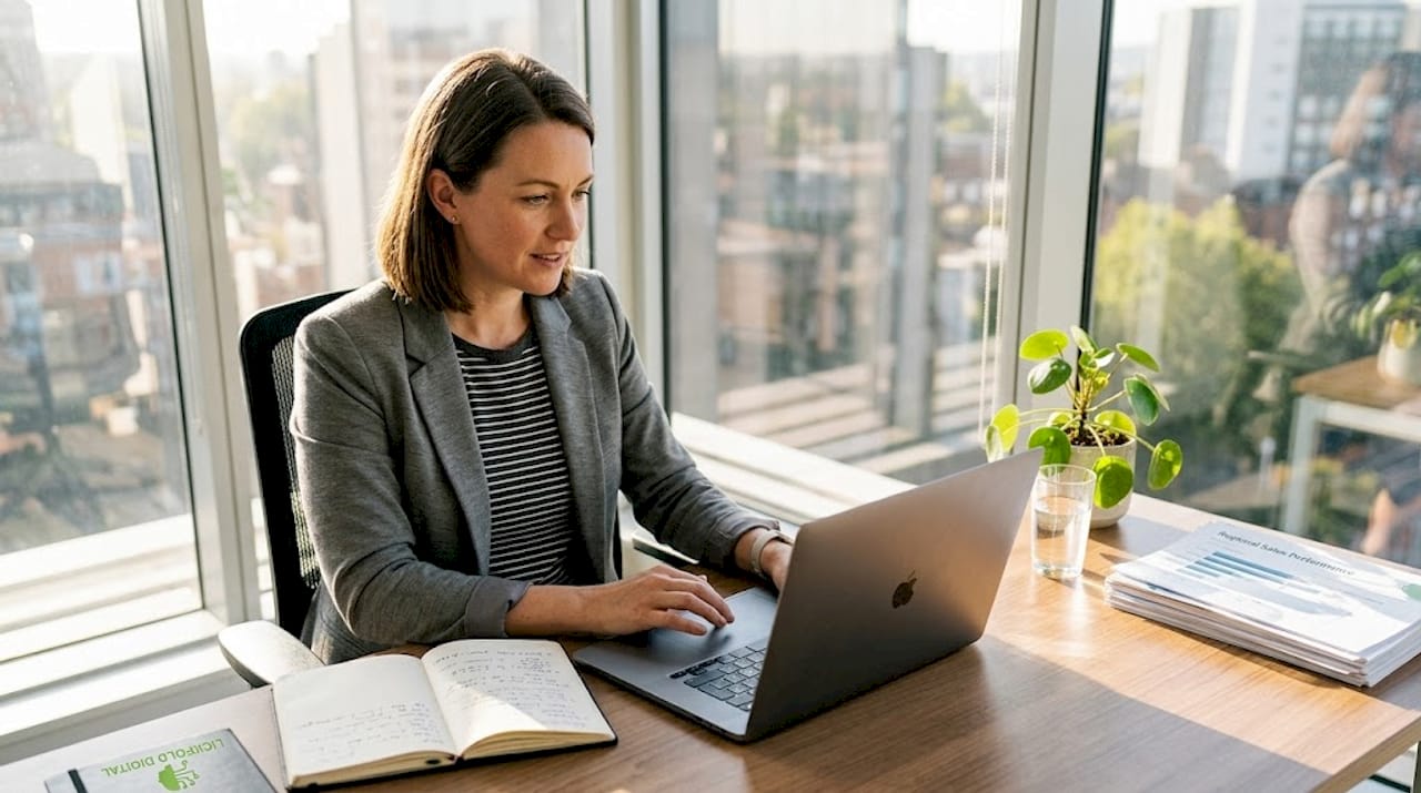 Sales manager reviewing sales pipeline at office desk