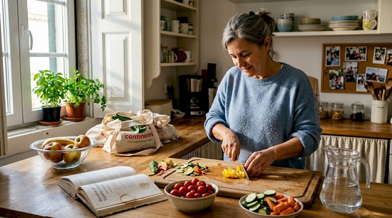 Mulher a preparar uma refeição saudável na mesa da cozinha