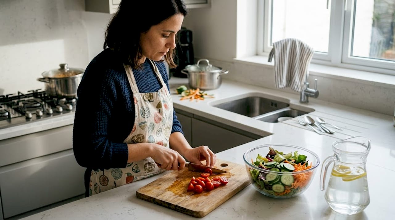 Senhora a preparar uma refeição leve na cozinha