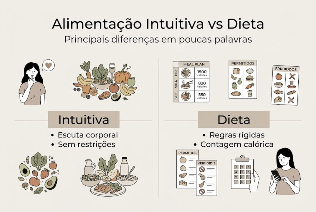 Infográfico: Alimentação intuitiva versus dietas tradicionais