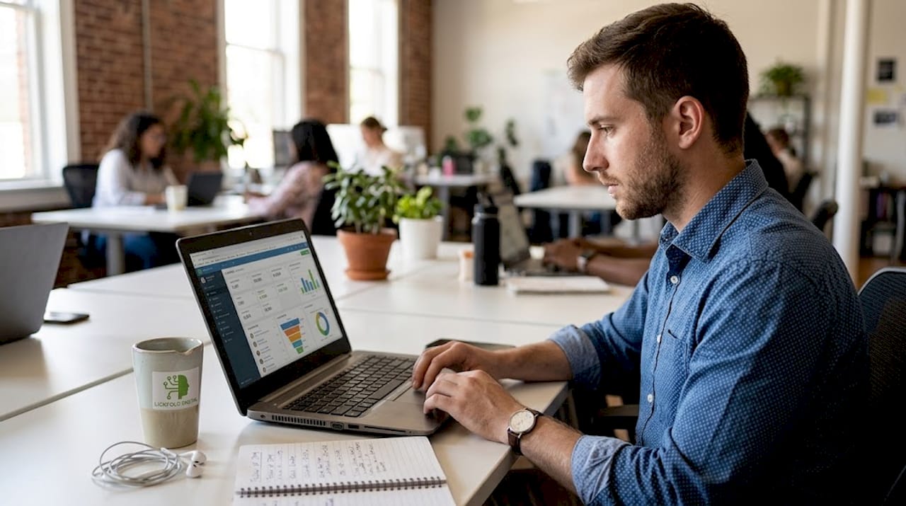 Sales rep qualifying leads in open workspace
