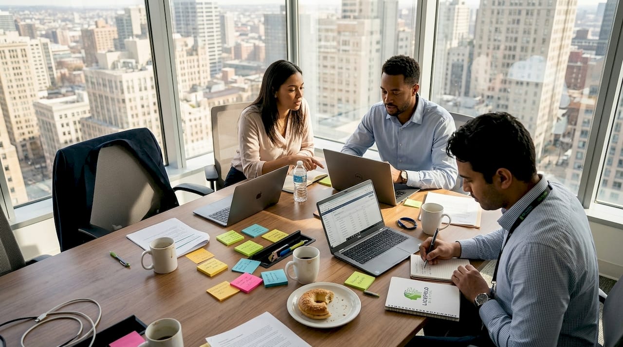 Sales team in office working on workflow automation