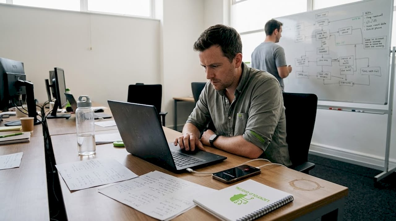 Businessperson reviewing prospect leads in office