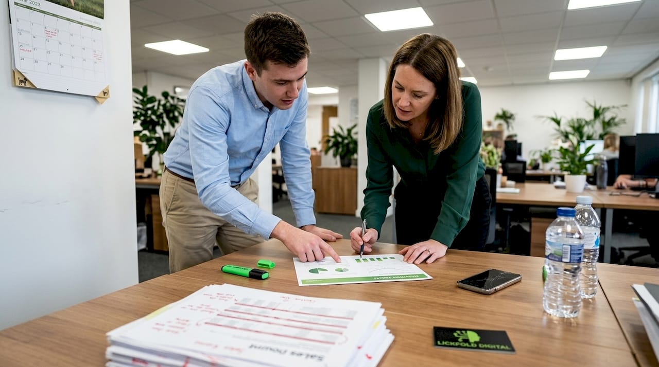 Colleagues collaborating on analytics at desk