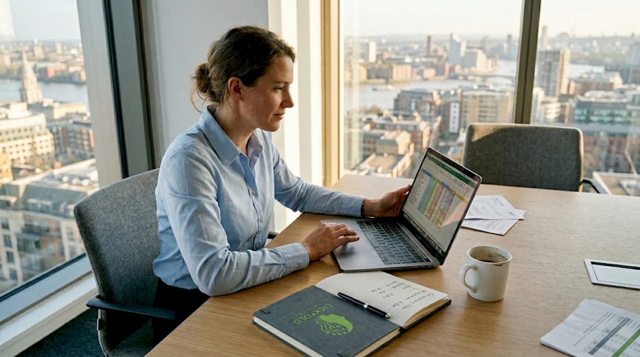 Saleswoman checks spreadsheet in bright office