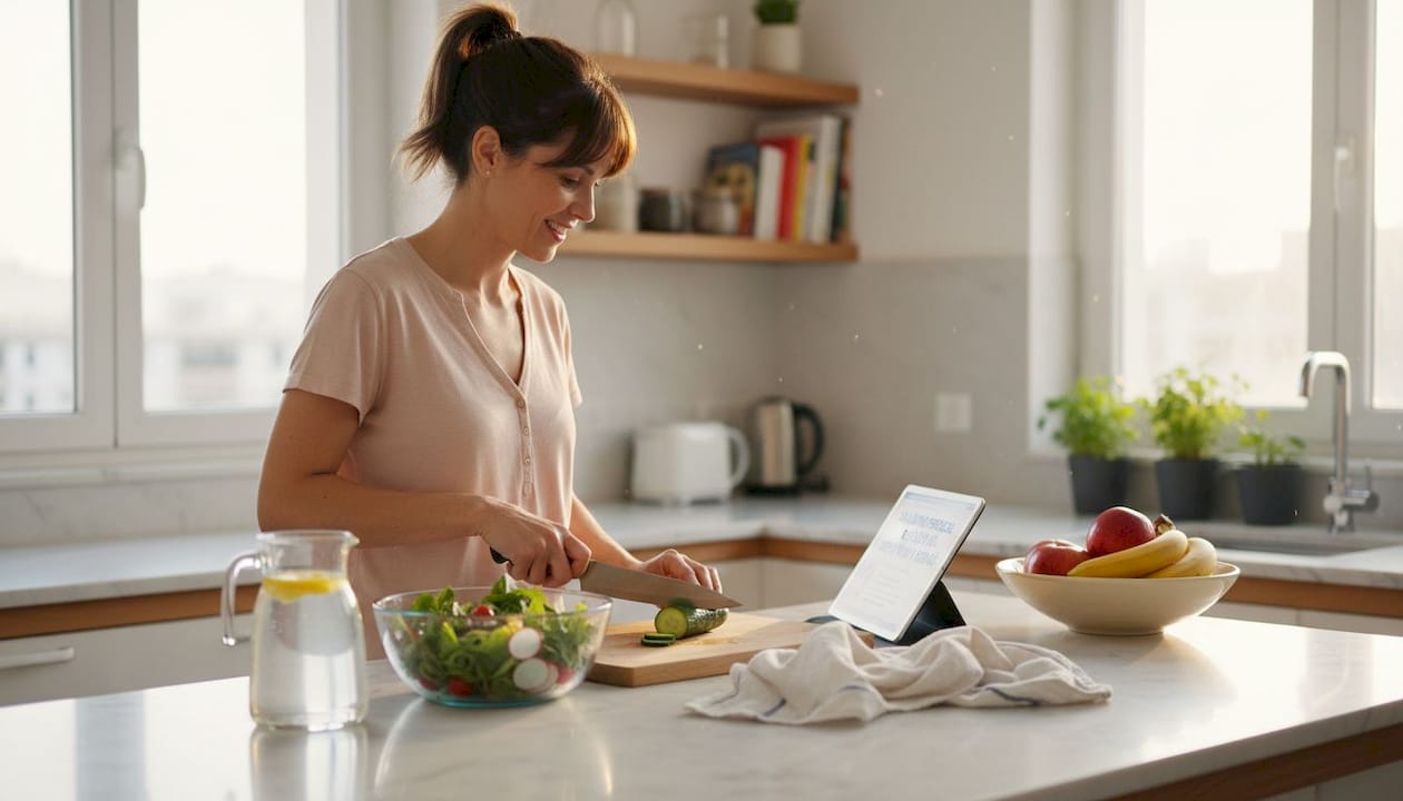 Numa cozinha cheia de luz, uma mulher está a preparar uma salada.