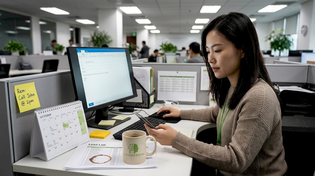 Office worker sending prompt follow-up email