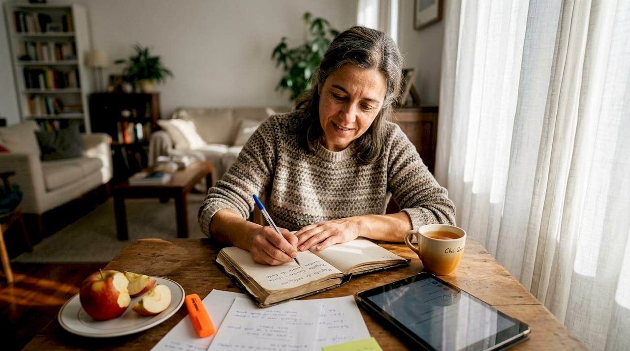 Mulher anota o que come num diário alimentar