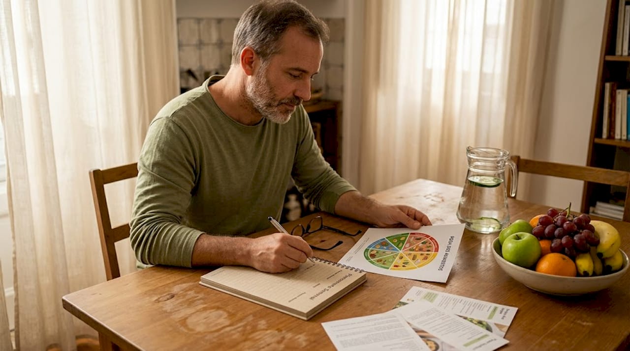 Homem a organizar as refeições com um guia alimentar em cima da mesa