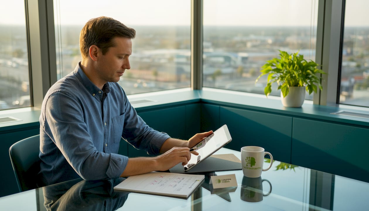 Executive using LinkedIn in a corner office