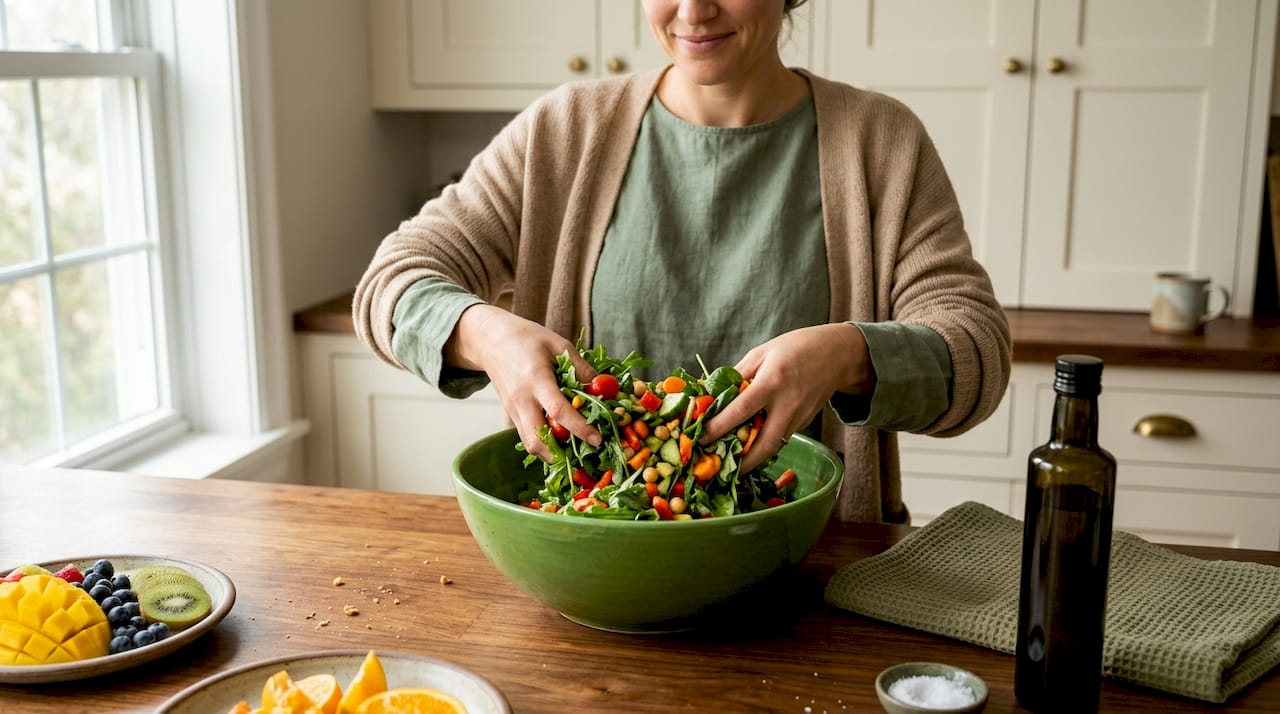 Numa cozinha cheia de luz, uma mulher prepara uma salada fresca.
