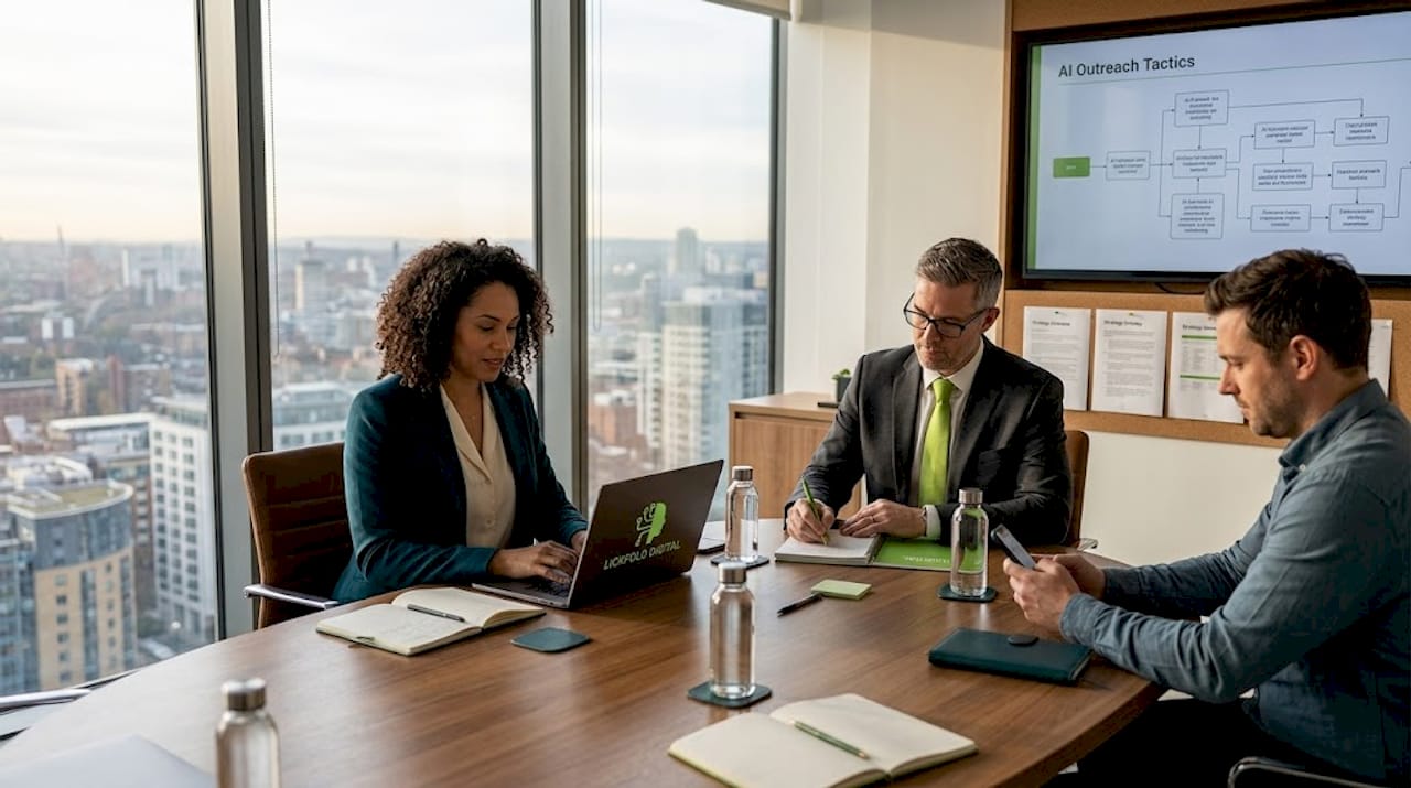 Team planning AI outreach in office