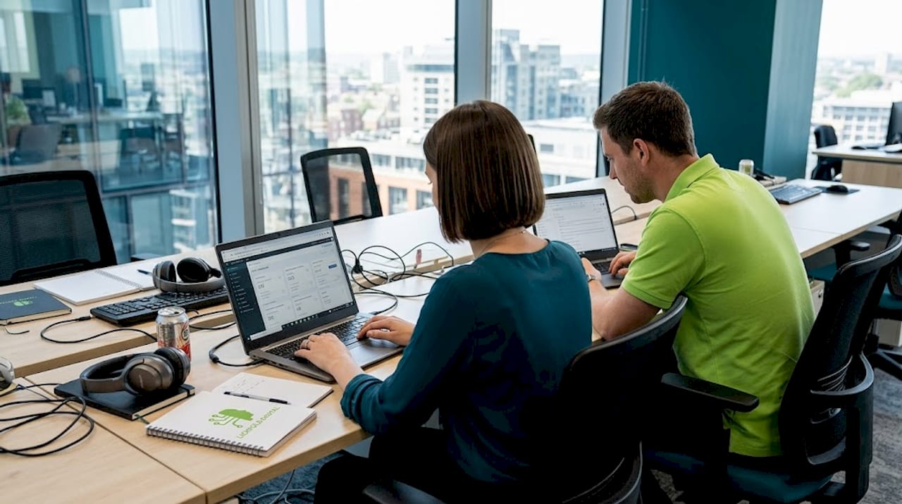 Two colleagues working on lead generation tasks