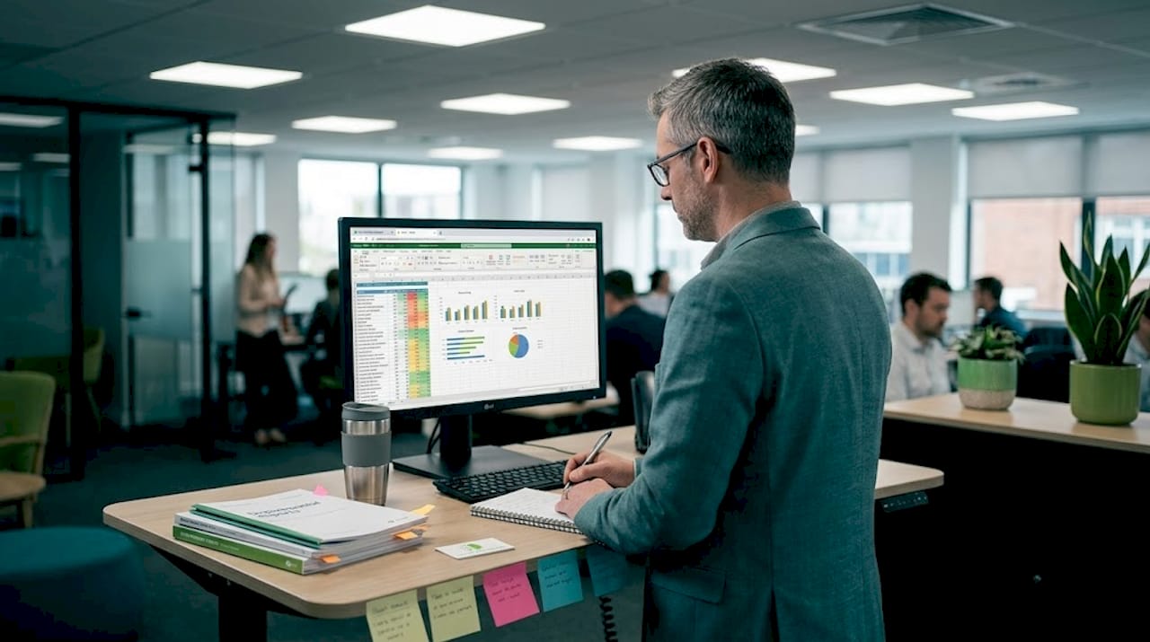 Man reviewing sales email analytics at standing desk
