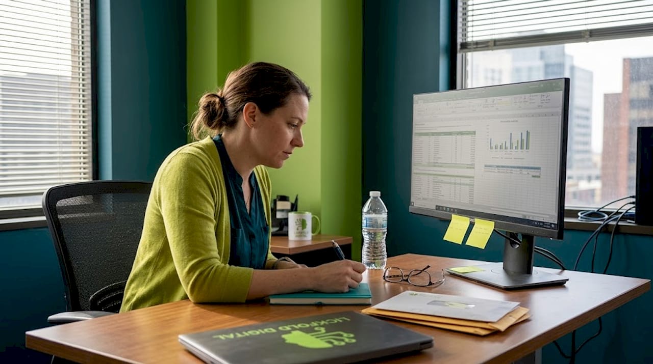 Woman reviewing email deliverability in corner office