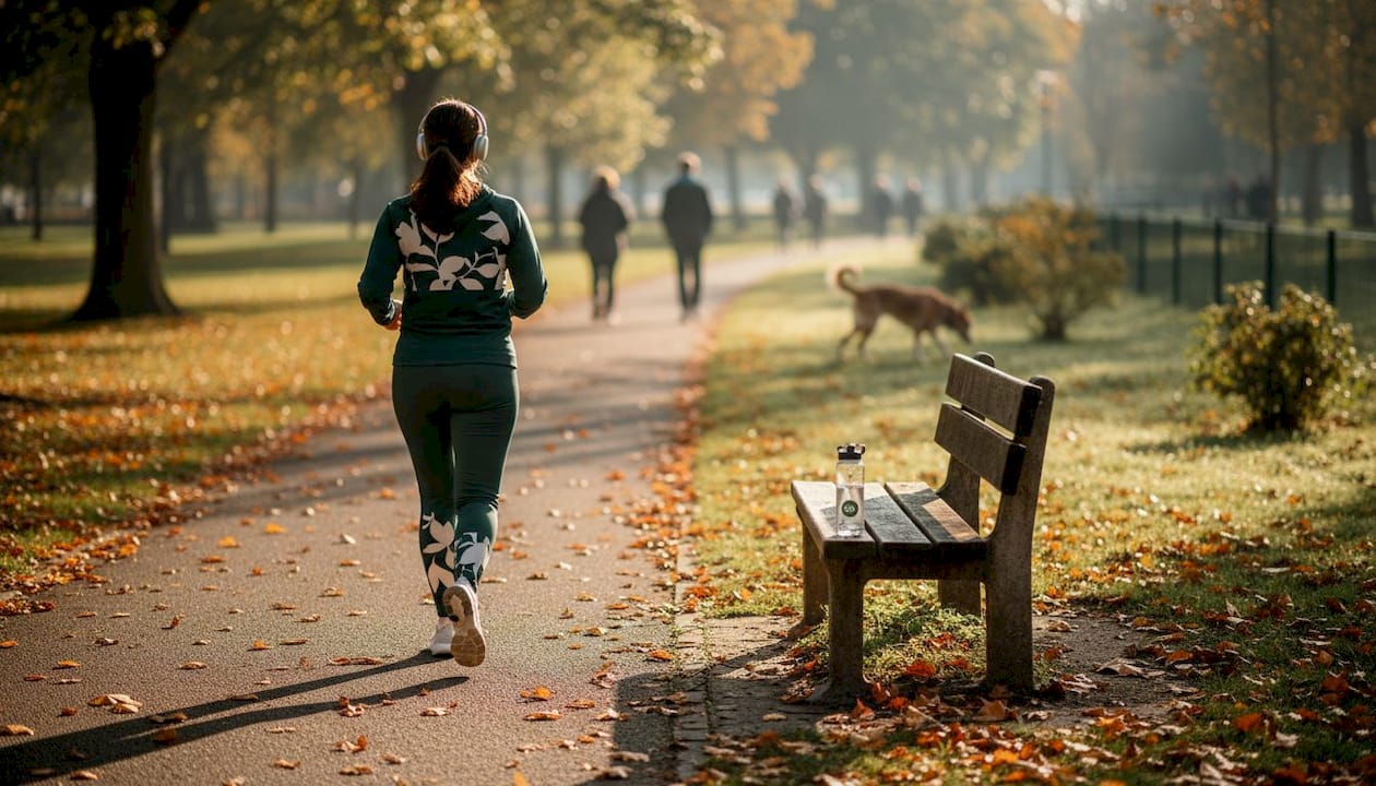 Uma mulher dá uma volta apressada pelo parque para se exercitar.