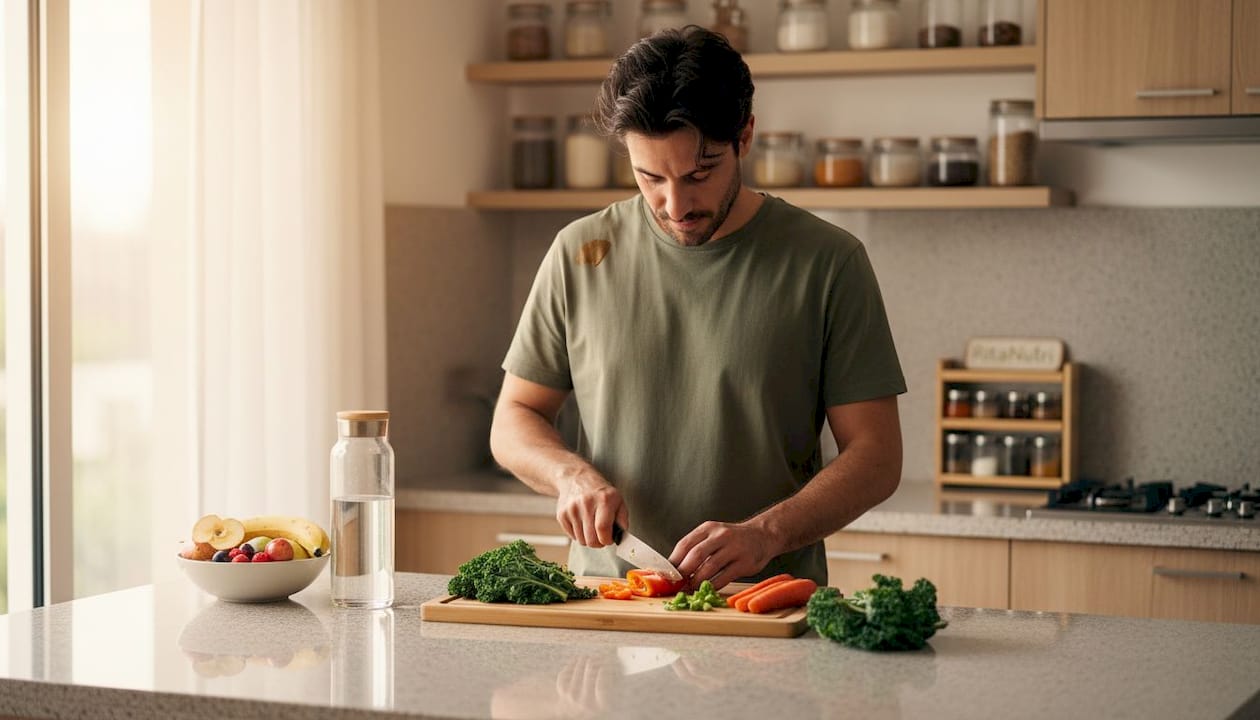Homem corta legumes numa cozinha cheia de luz