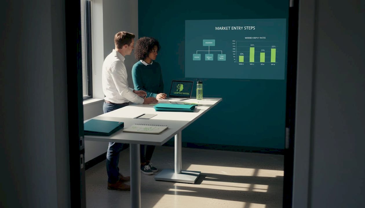 Team reviewing automated market entry dashboard