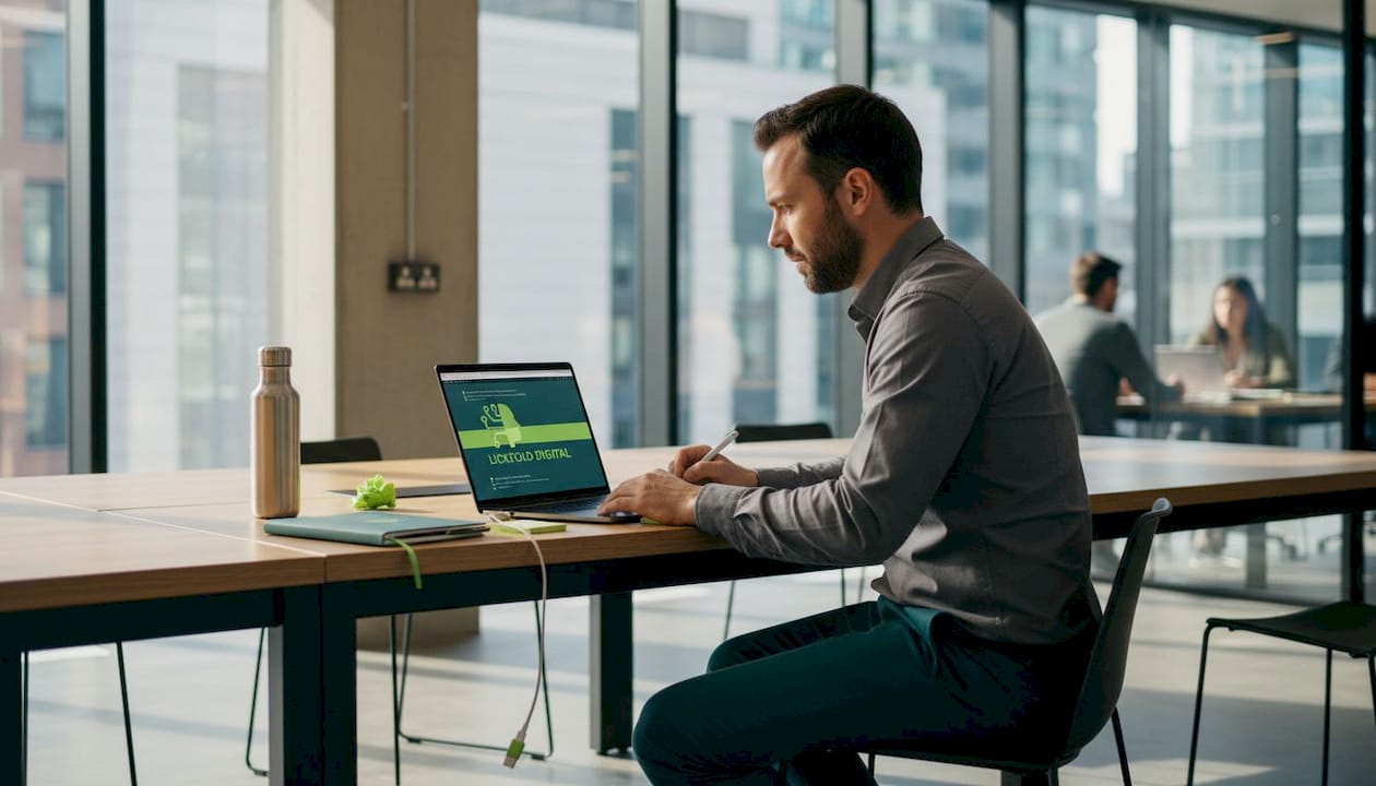 Manager reviewing digital leads in open office