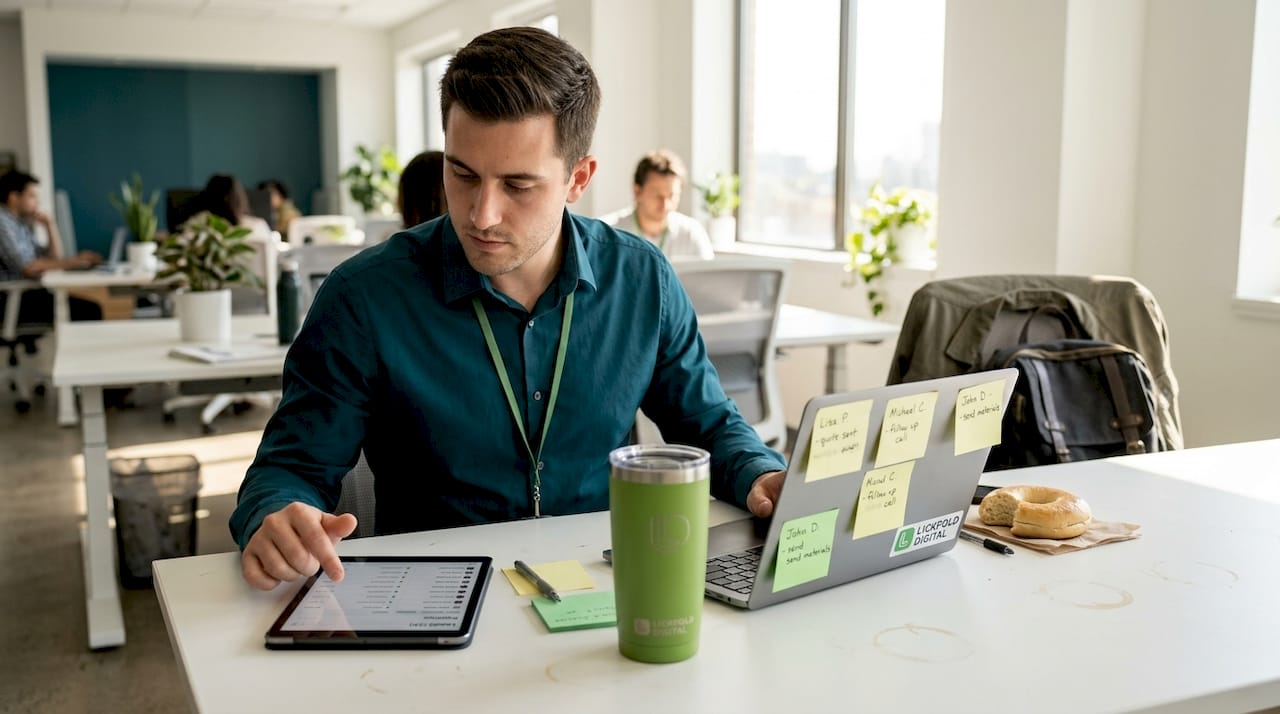 Sales rep compares tablet leads and laptop notes