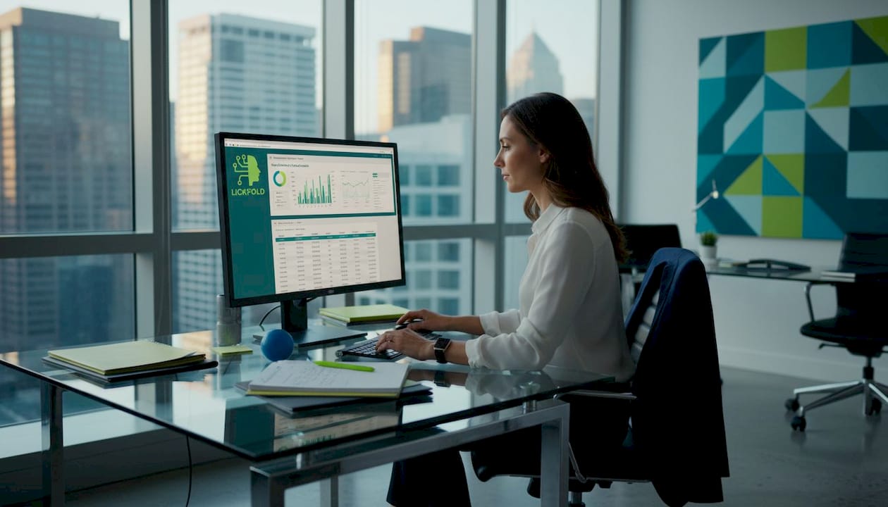 Sales manager reviews market research at office desk