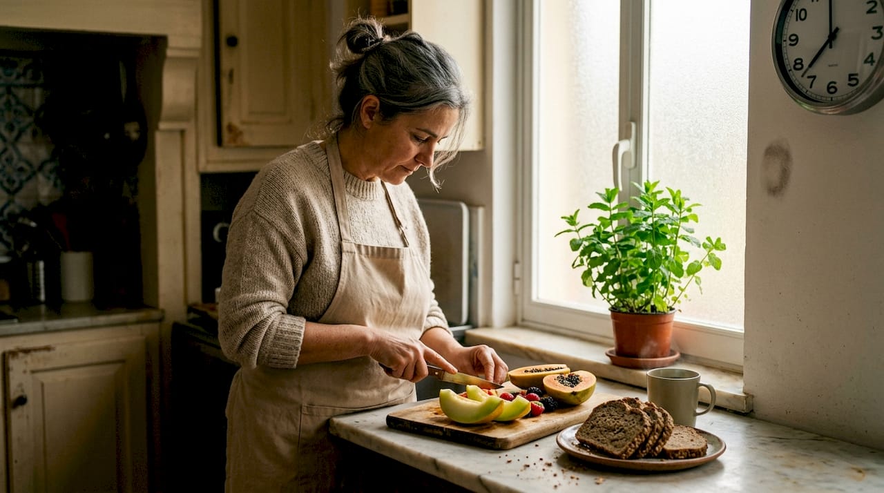 Numa cozinha cheia de luz, uma mulher dedica-se a preparar um pequeno-almoço saudável.