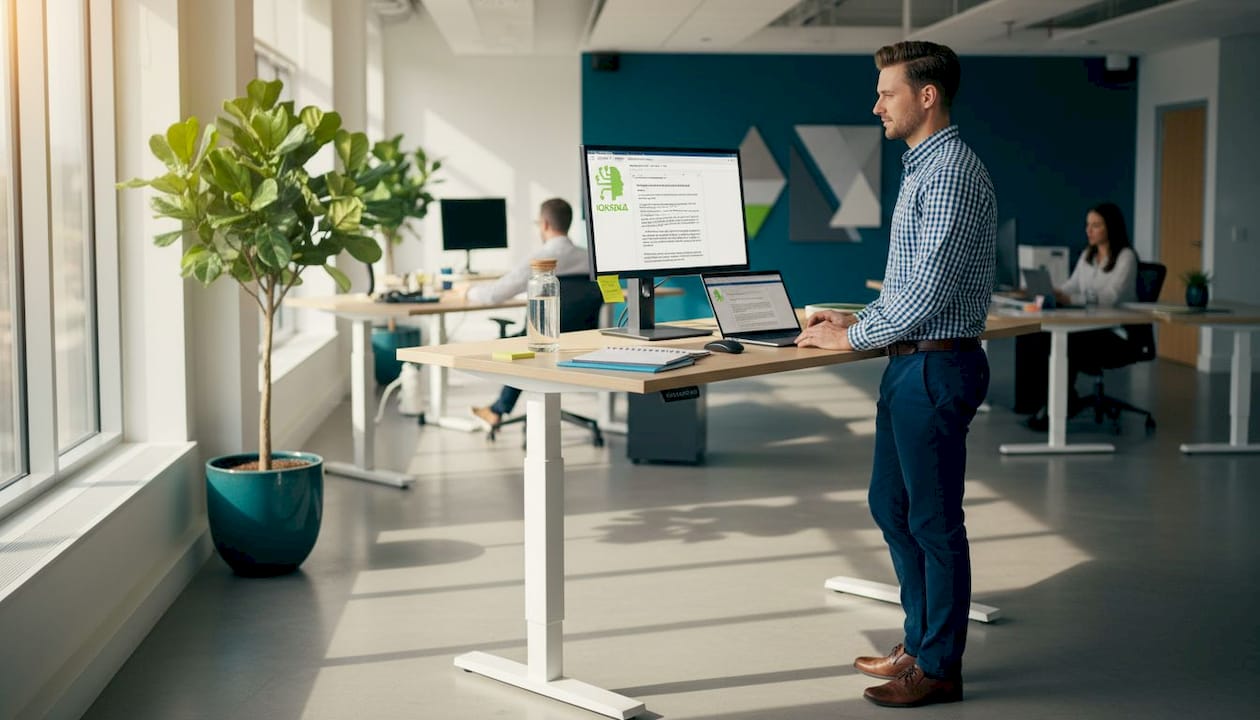 Business professional personalizing email in open office