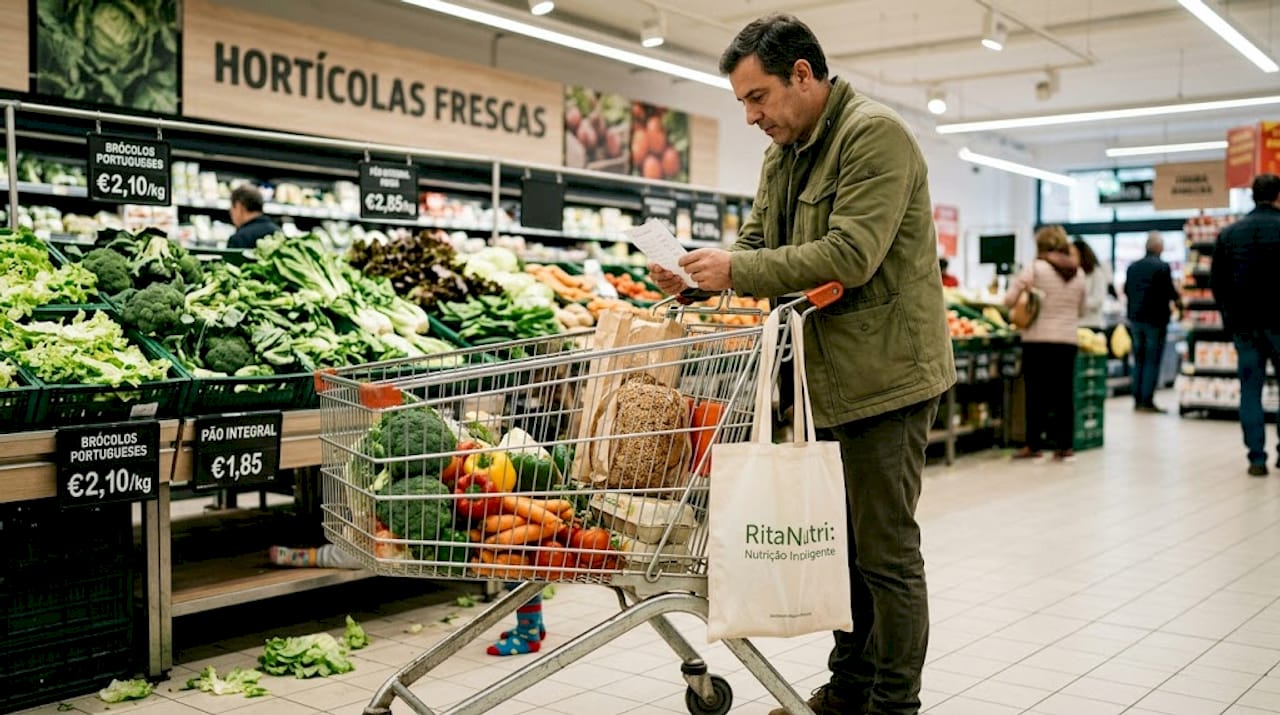 Homem a escolher alimentos saudáveis no supermercado