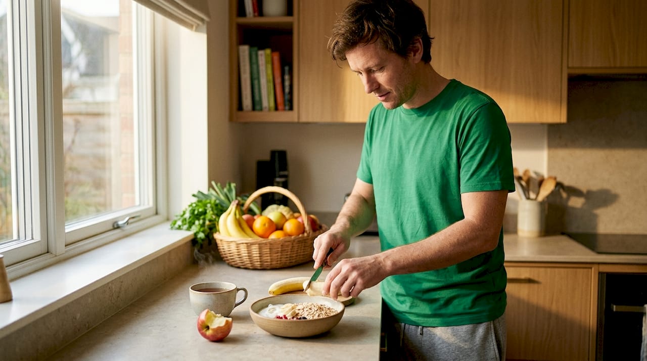 Homem a preparar um pequeno-almoço leve e cheio de ingredientes frescos