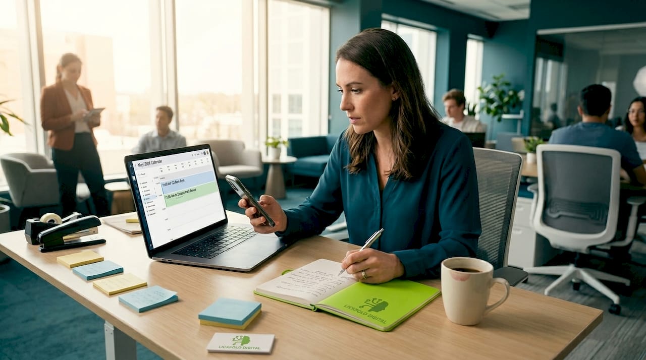 Sales professional juggling calendar and phone