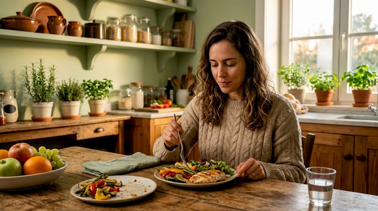 Mulher a saborear uma refeição saudável à mesa da cozinha.