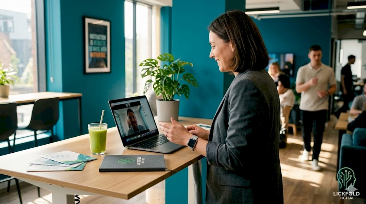 B2B sales professional engaging client at desk