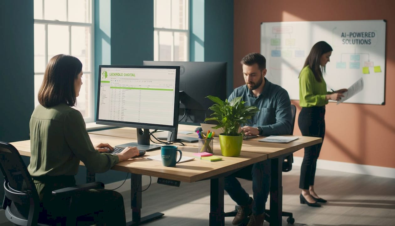 Sales team working at desks in bright office
