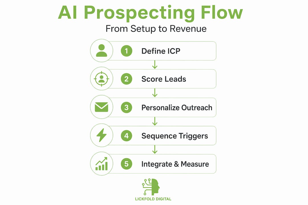 Infographic showing five-step AI prospecting workflow